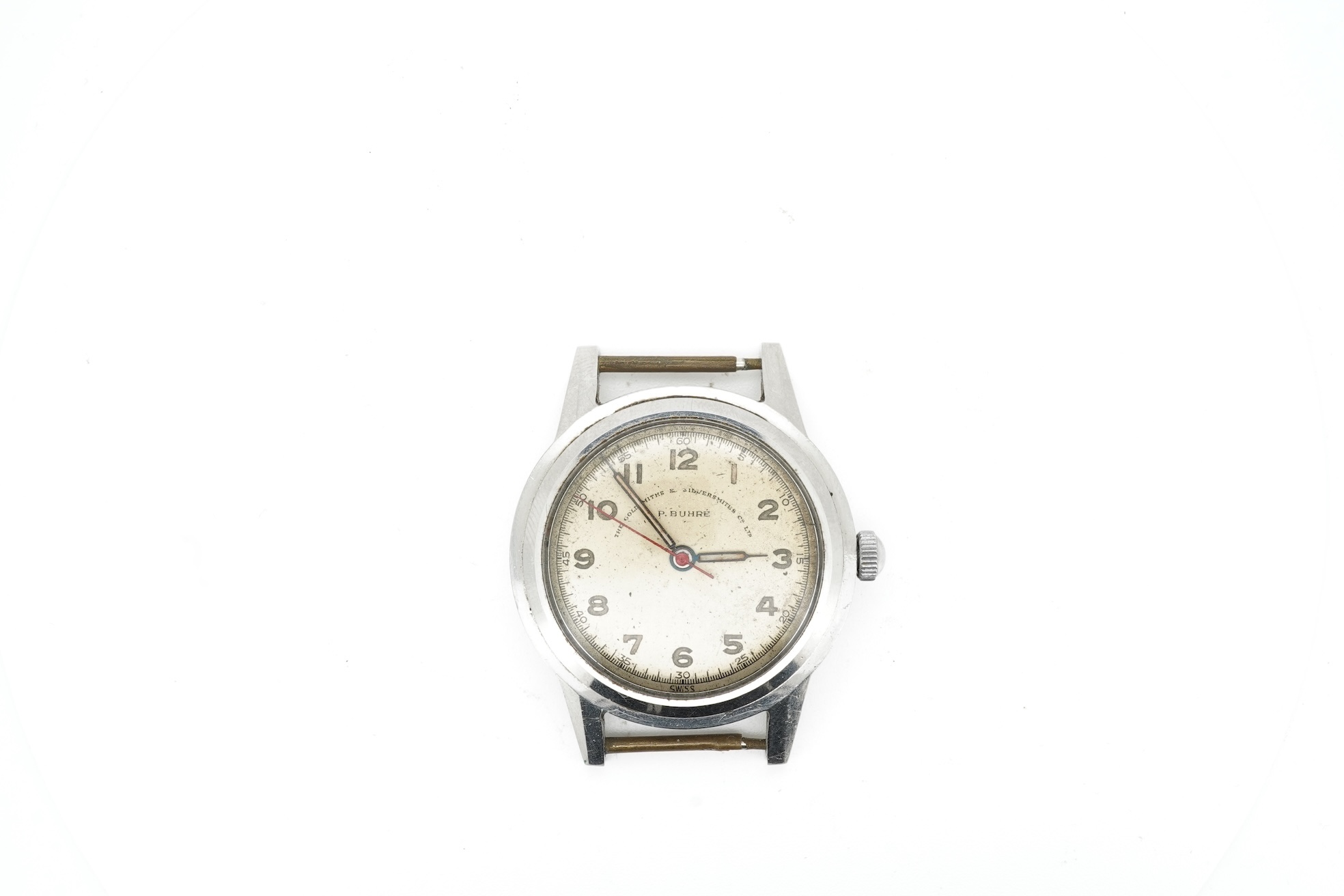 Two 1950s manual wind wrist watches; a gentleman’s stainless steel wristwatch by P. Buhre, retailed by the Goldsmiths & Silversmiths Company Ltd. case diameter 34mm, no strap, together with a Timex watch with box and pap